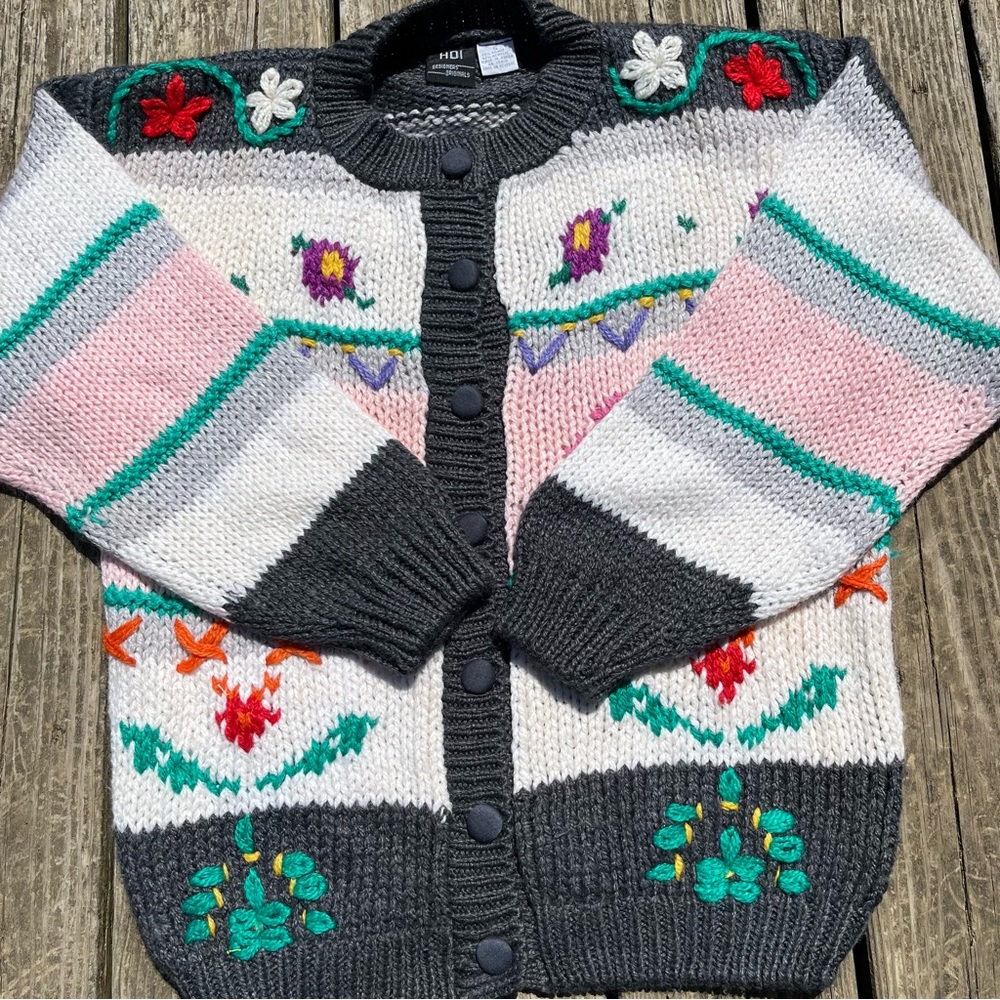 Vintage Floral Chunky Knit Gray & White Button Up Cardigan Sweater Size Small - Picture 5 of 7